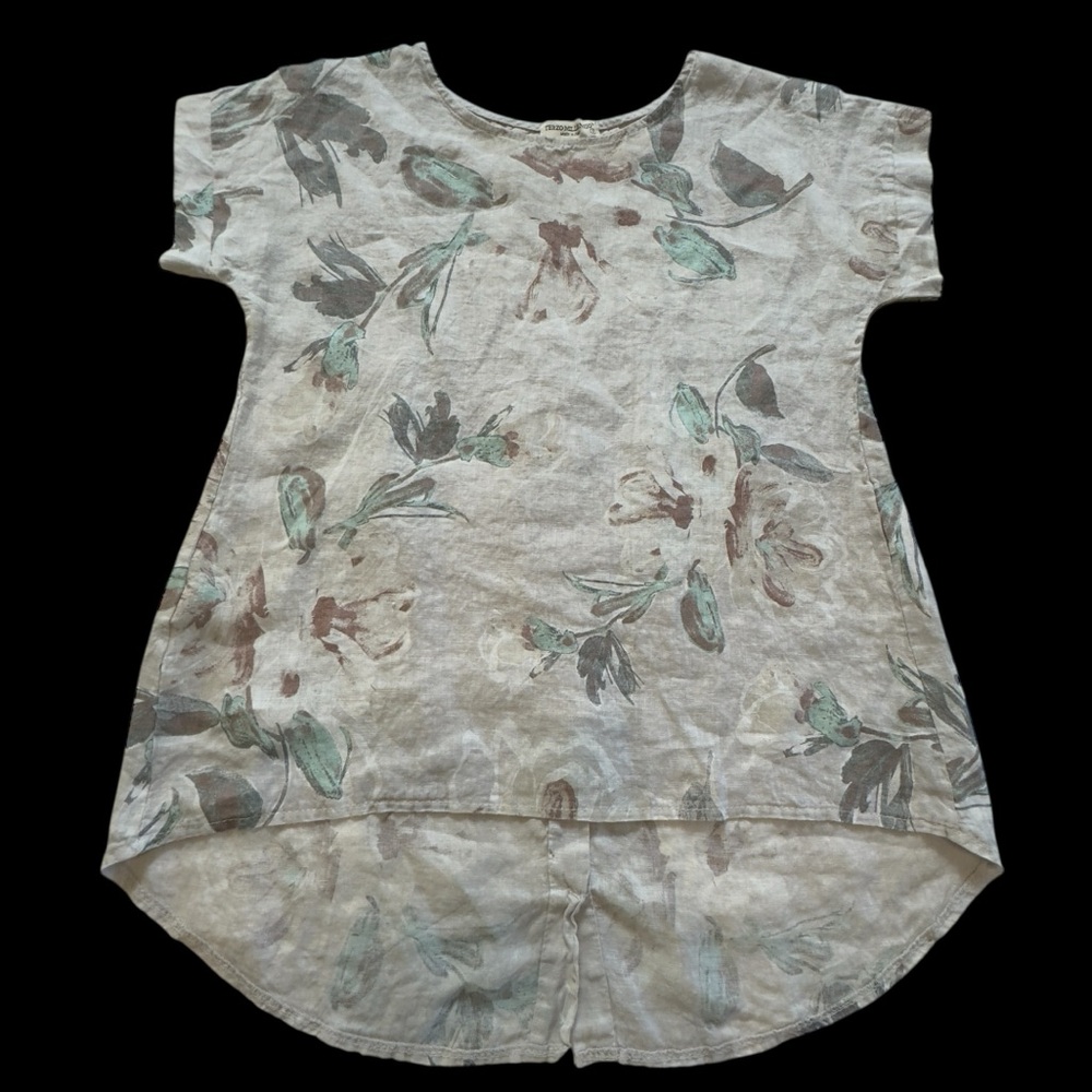 Terzo Millennio Made in Italy Linen Floral  Women's Top - Cream and Green